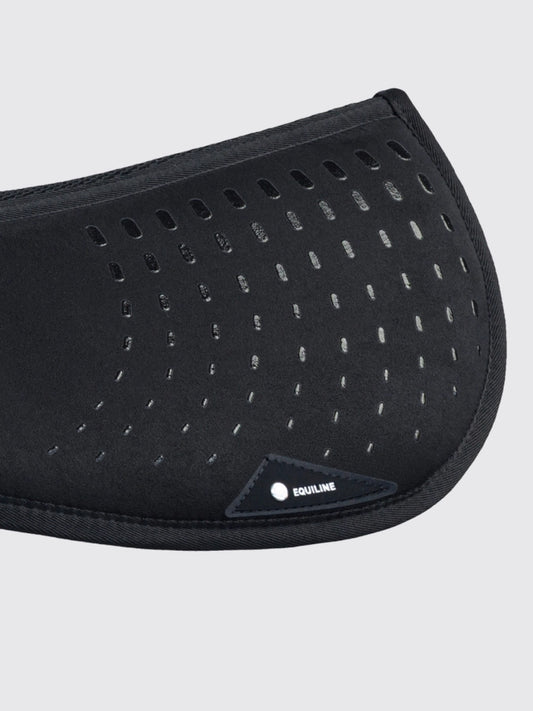 Black equestrian saddle pad with brand logo on a light gray background