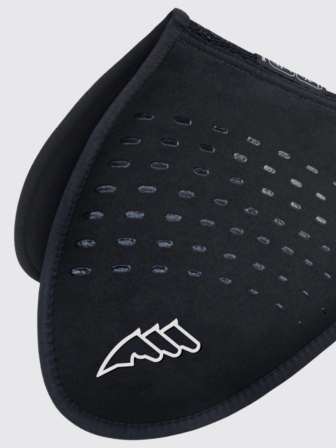 Black saddle pad with a logo on a white background