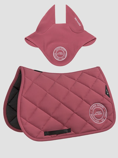 A two-piece equestrian tack set in dusty rose pink, including a quilted saddle pad and a pair of ear covers, displayed on a light gray background. The brand name 'Equiline' is visible in a circular logo on the saddle pad and neck guard.