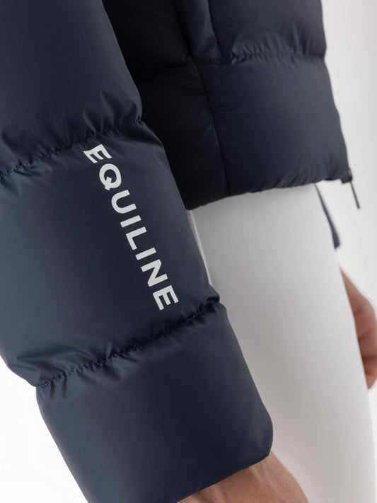 Sleeve of a padded jacket with Equiline wording on the sleeve