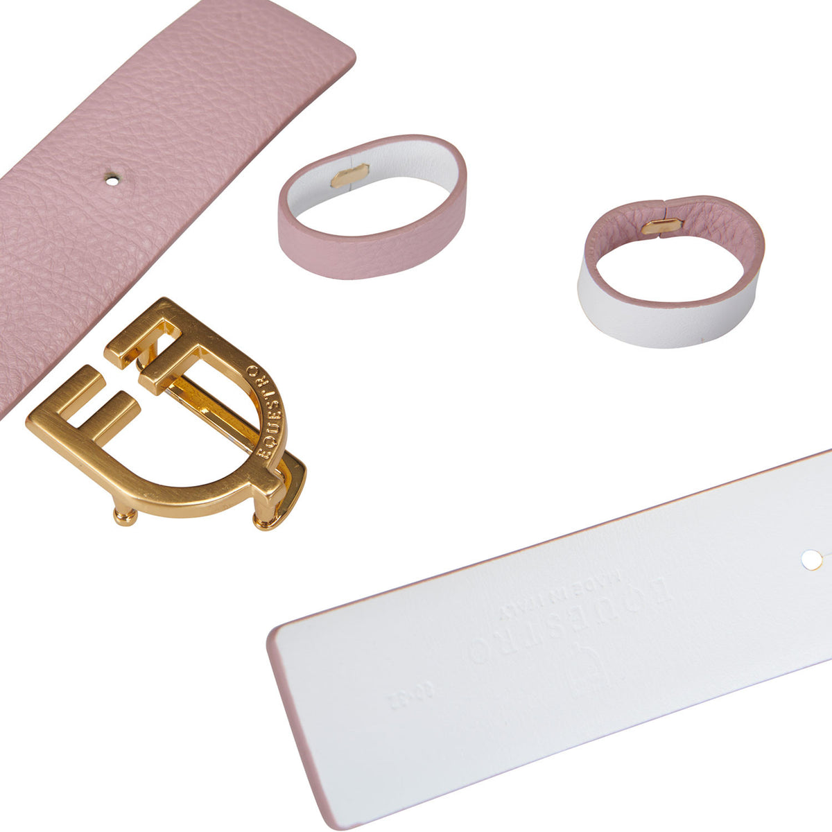 Pink belt with gold buckle and white straps on a white background