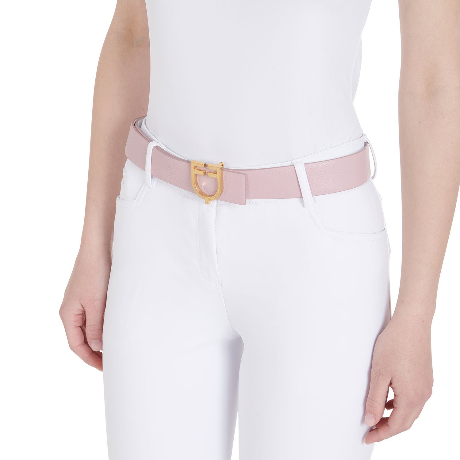 White pants with a pink belt and gold buckle on a white background