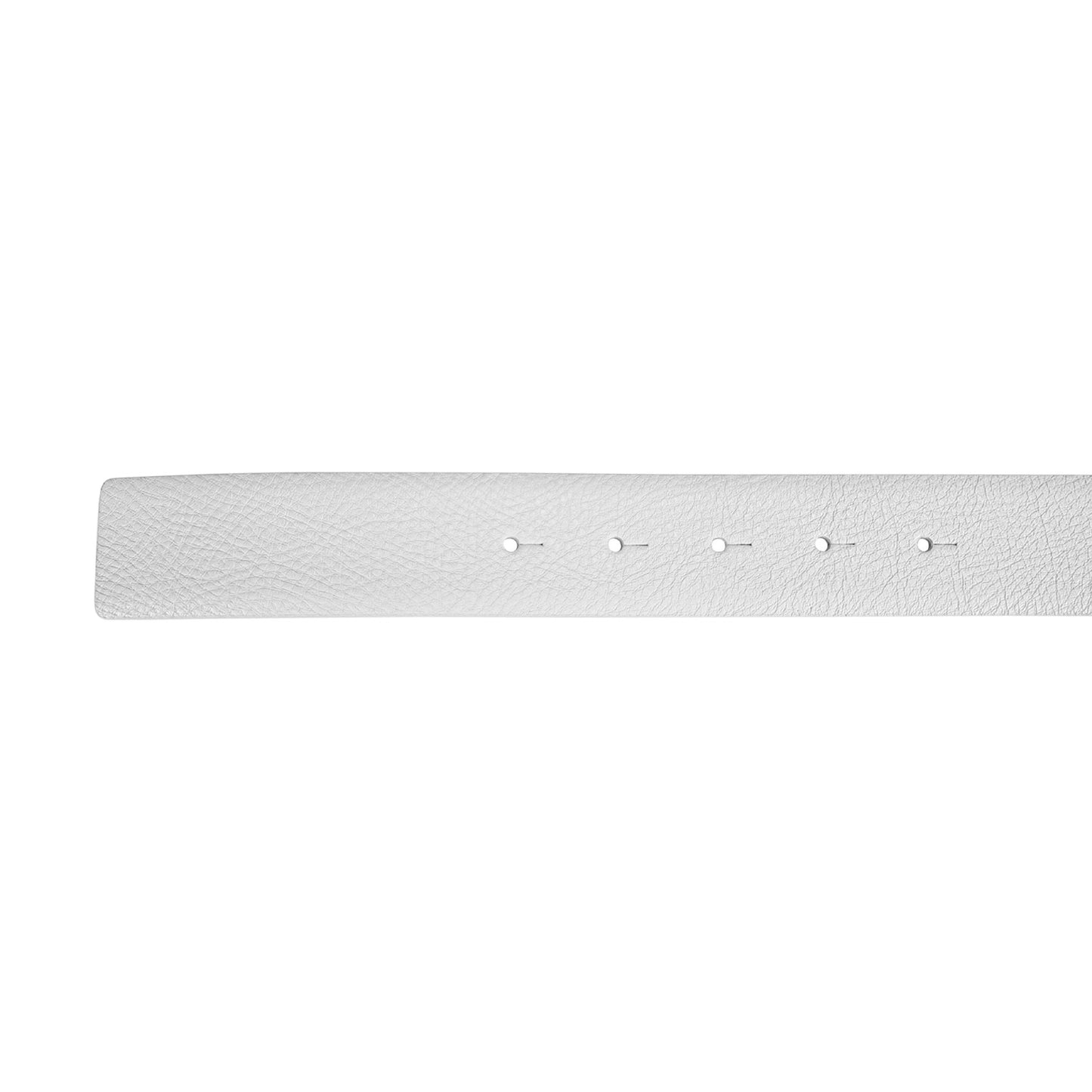 A close-up of a white textured leather belt strap showing the pebbled grain and adjustment holes against a solid white background.