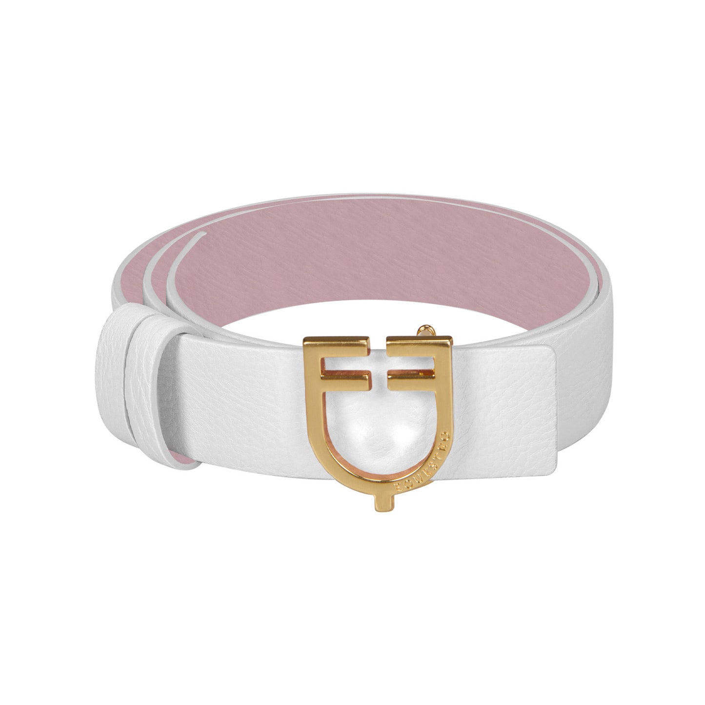 Belt with pink strap and gold buckle on a white background