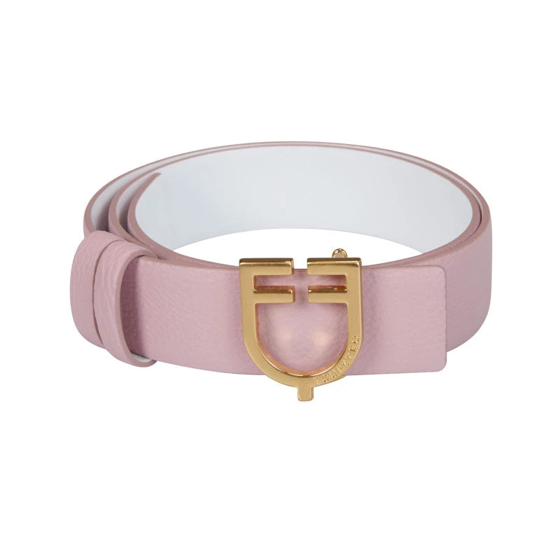 A light pink leather belt with a gold-tone Fendi signature Gancini buckle, shown coiled on a clean white background.