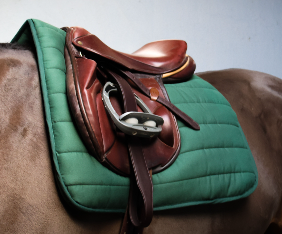 Brown saddle on a horse with a green saddle pad against a plain background