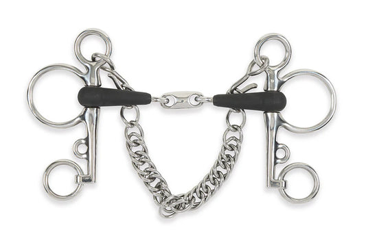 Metal horse bit with chain on a white background