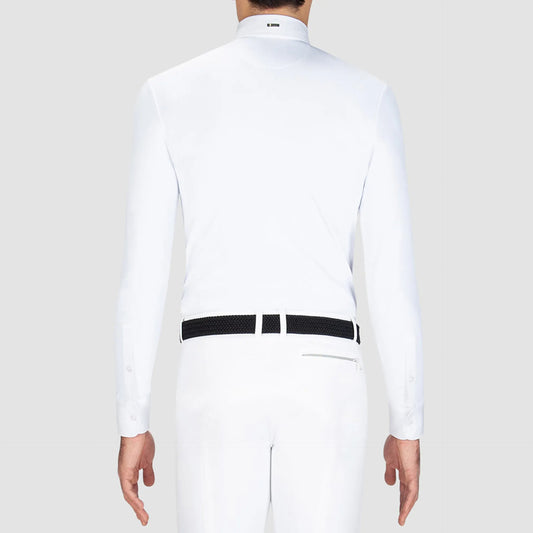 Back of a white competition shirt on a white background