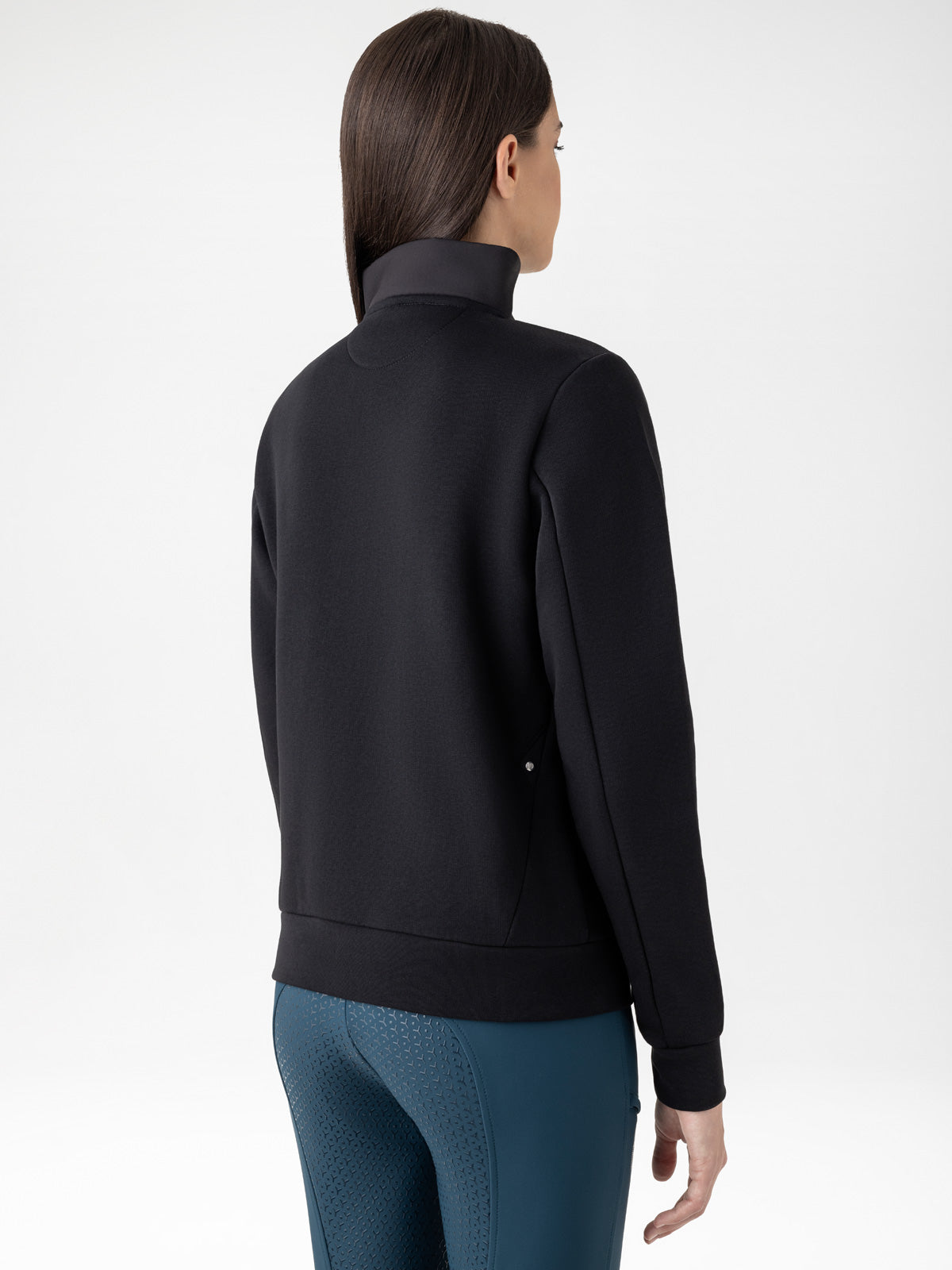 Lady wearing a black jacket on a white background