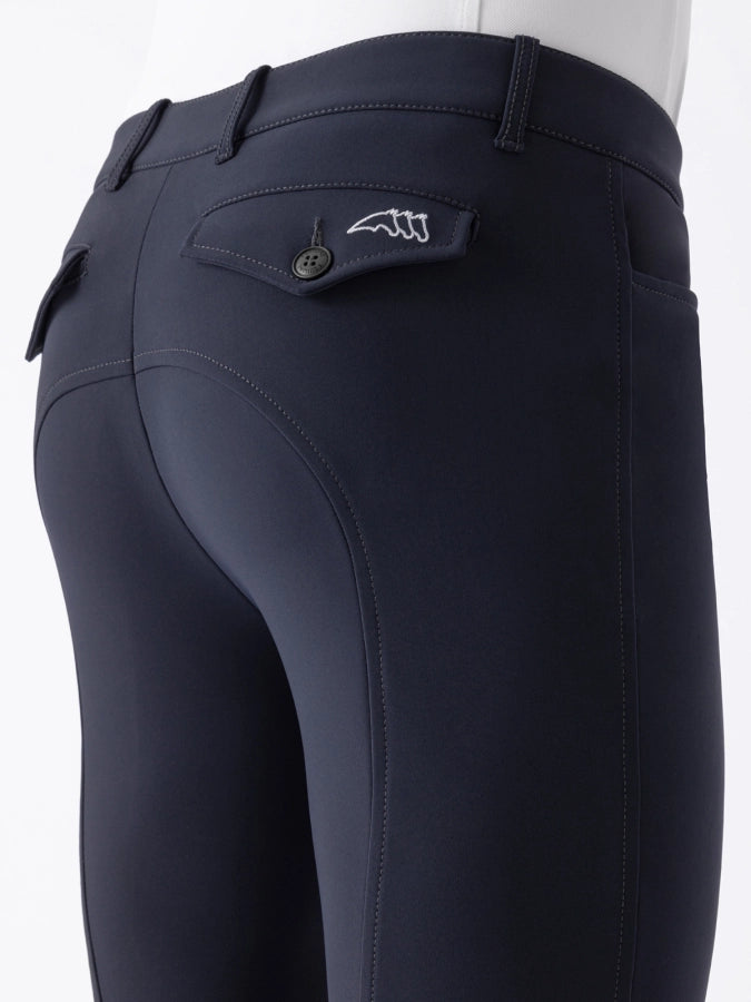 Navy riding pants with a brand logo on a white background