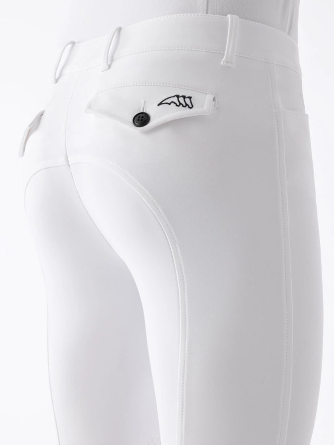 White riding pants with a brand logo on a white background