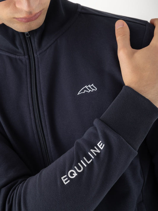 Navy blue jacket with 'Equiline' branding on a white background
