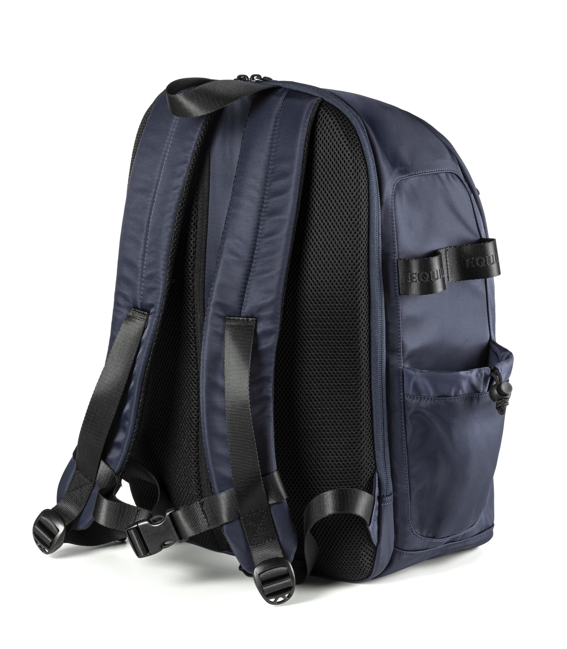Navy blue backpack with black straps on a white background