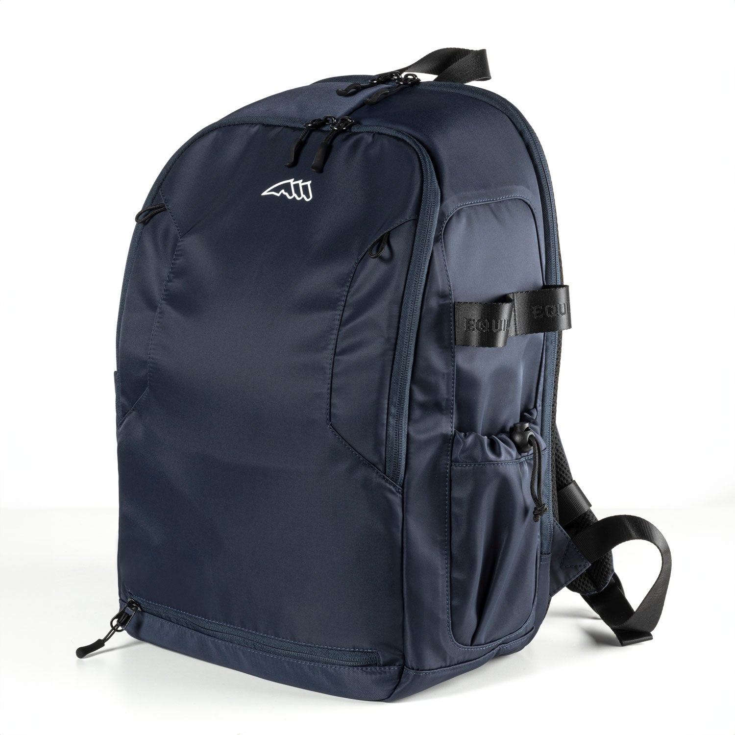 Navy blue backpack with a brand logo on a white background