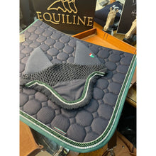  Equiline Octagon Saddle Pad & Soundless Ears Set Navy - Green Cords Green Trim & Clear Diamonds - PONY - Saddle Pad & Ears Set