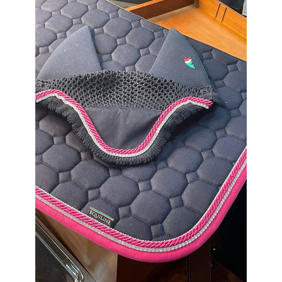 Equiline Octagon Saddle Pad & Soundless Ears Set Navy - Pink Cords Pink Trim & Clear Diamonds - PONY - Saddle Pad & Ears Set