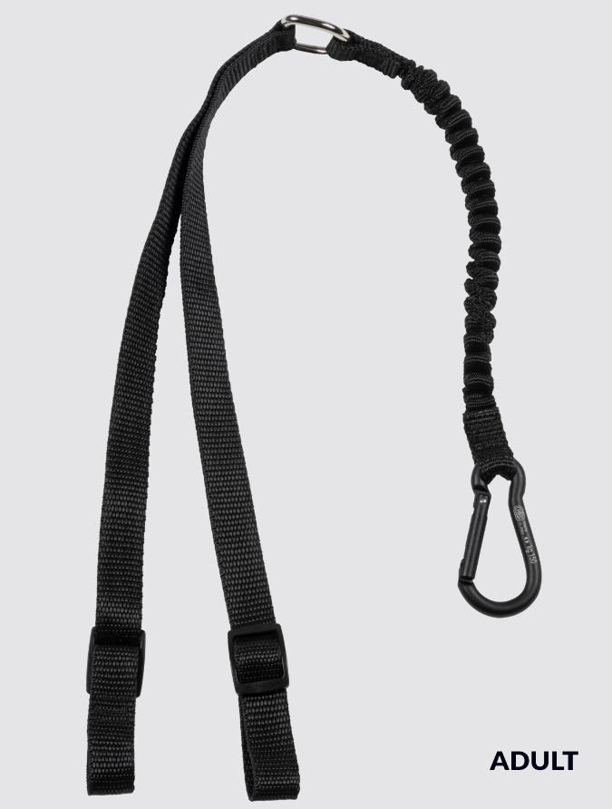A black adjustable nylon webbing strap with a coiled bungee cord, metal quick-release buckle, and black carabiner clip, shown on a light gray background with the word 'ADULT' in the bottom right corner.