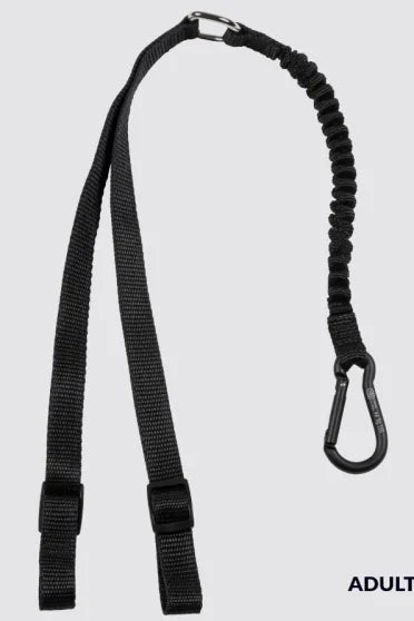 A black adjustable nylon strap with a black coiled bungee cord and a black carabiner clip, shown on a light gray background.
