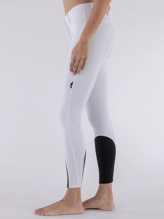 White leggings with black accents worn by a person on a white background