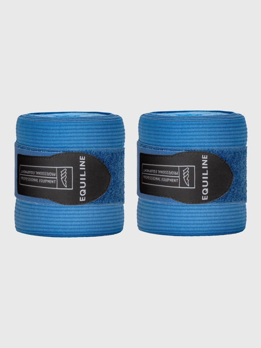 Two rolls of blue Equiline horse bandage on a light gray background
