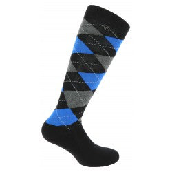 Knee-high sock with argyle pattern in black, blue, and gray on a white background