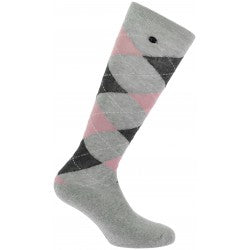Gray sock with pink and black argyle pattern on a white background