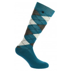 Blue argyle patterned sock on a white background