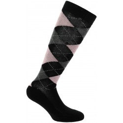 Black and pink argyle patterned sock on a white background