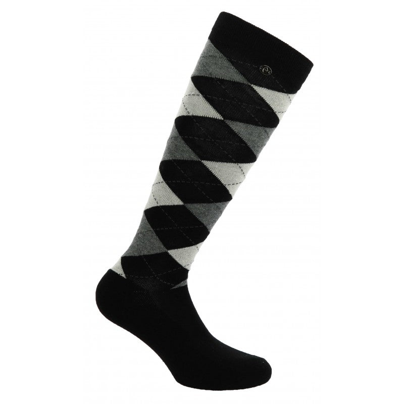 Black, cream and grey sock in an argyle pattern on a white background
