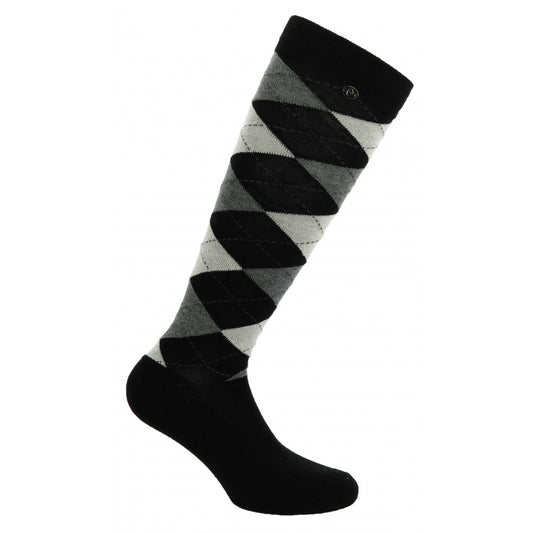 Black, cream and grey sock in an argyle pattern on a white background
