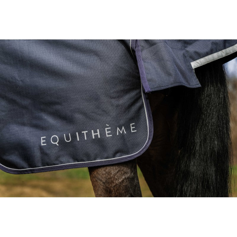 Horse wearing a dark blue saddle blanket with 'Equithème' branding.