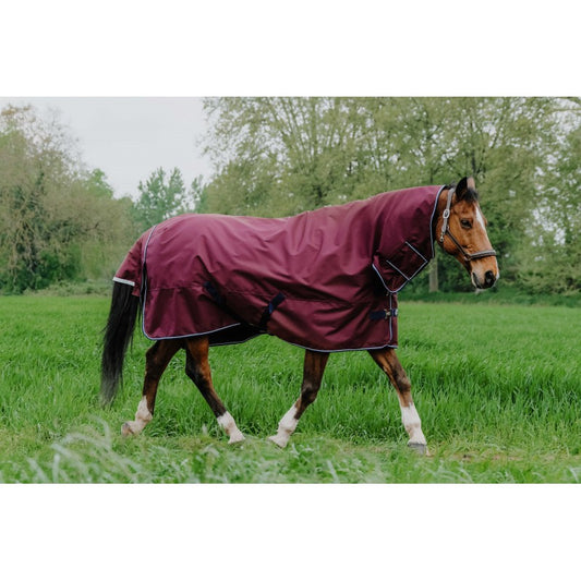 Horse wearing a full neck burgundy turnout rug in a grassy field