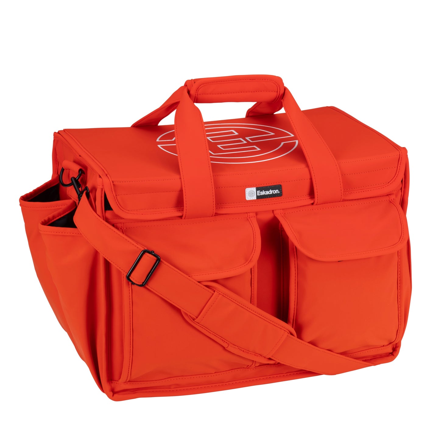 Bright orange cube accessories bag on a white background
