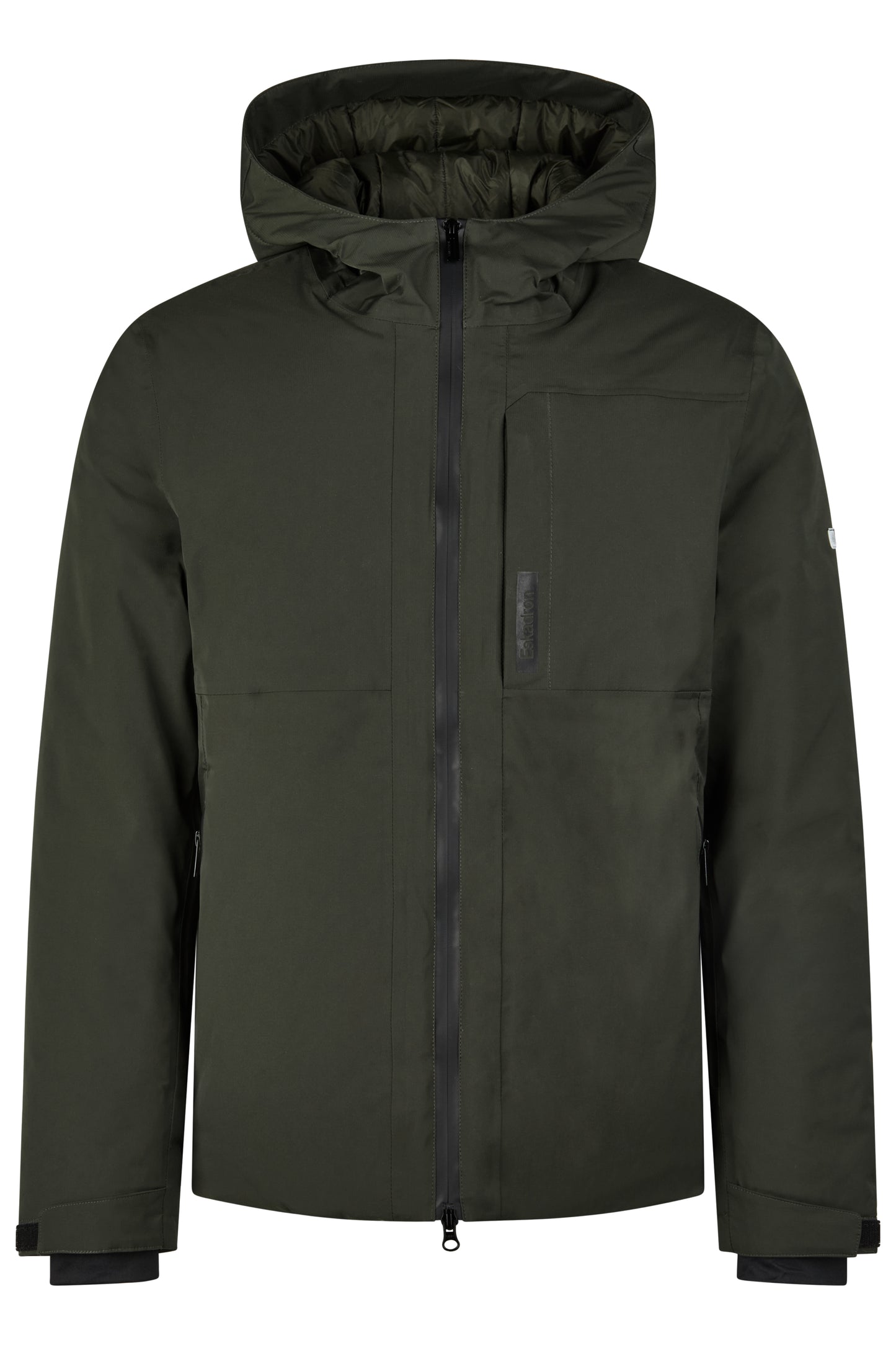 Dark green jacket with a hood on a white background