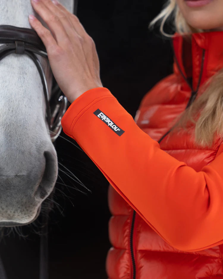Person wearing an orange jacket with a brand logo, petting a horse.