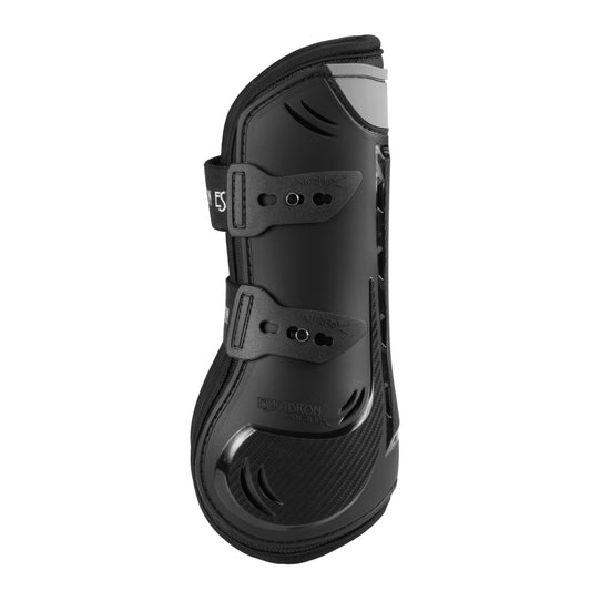 Black protective equestrian leg guard on a white background
