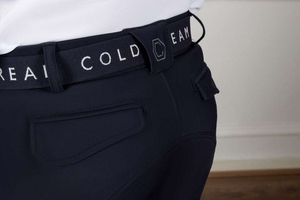 Navy pants with a belt displaying 'COLDSTREAM' on a neutral background