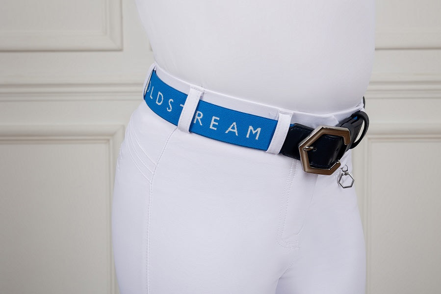 Person wearing a blue and white belt with 'Coldstream' branding against a neutral background