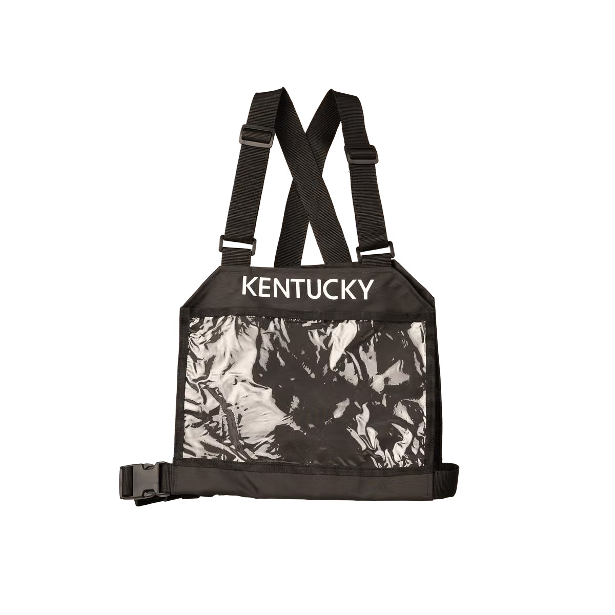 A black Kentucky brand harness-style bag with adjustable shoulder straps, a top buckle closure, and a front clear window showing a black-and-white marbled pattern inside, on a plain white background.