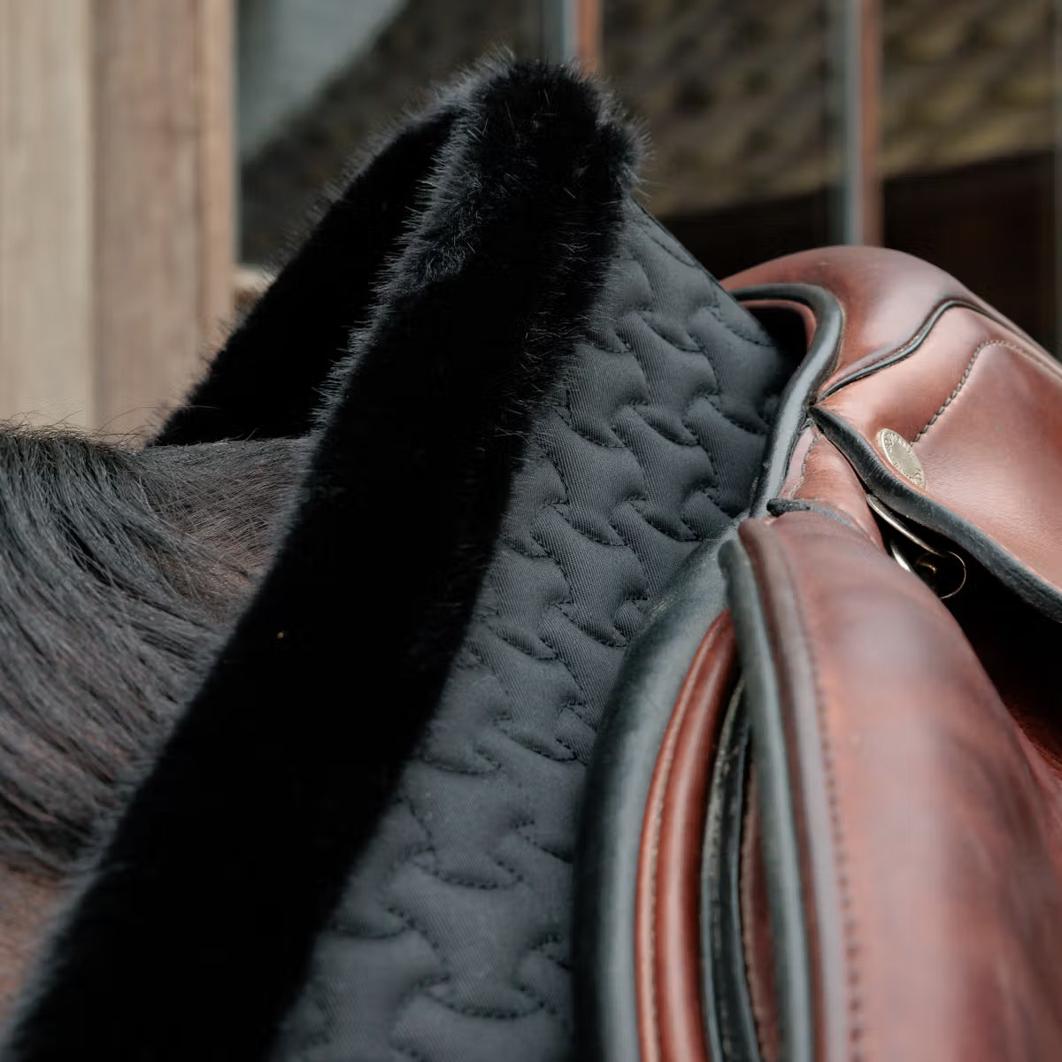 Close-up of a horse wearing a saddle with a textured black saddle pad.