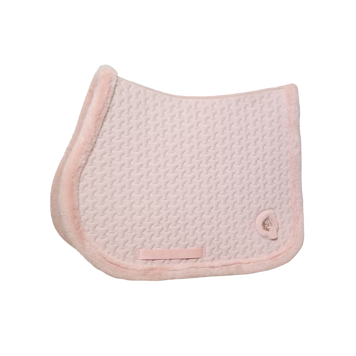 Pink quilted saddle pad with a button on a white background