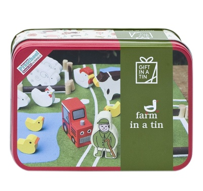 Toy set 'Farm in a Tin' with colorful illustrations on a white background.