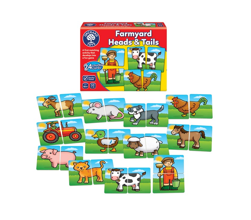 Farmyard Heads & Tails game set with puzzle pieces on a white background