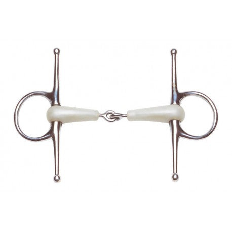 Horse bridle bit with metal and white plastic components on a white background