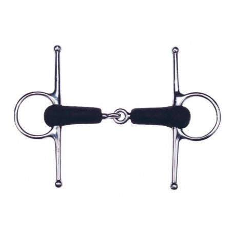 Horse bridle bit with black rubber covers on a white background
