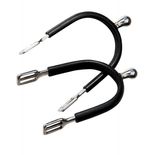 Black rubber coated spurs with metal ends on a white background