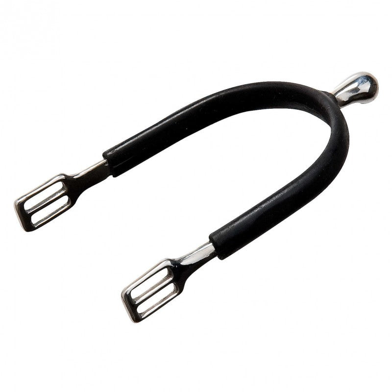 Black leather spur with metal buckles on a white background
