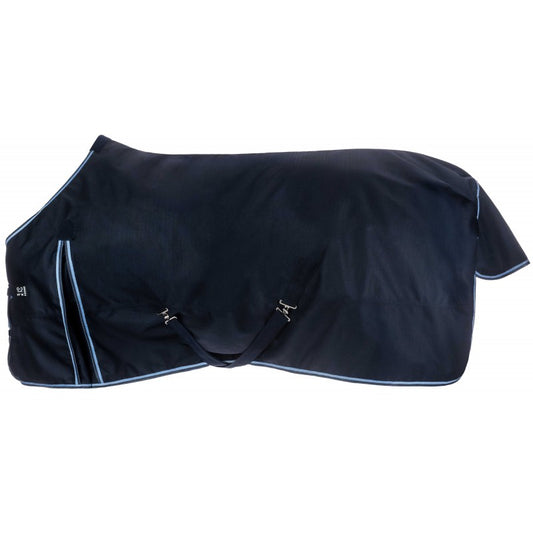 A dark navy blue horse blanket with light blue piping and silver buckles, shown on a plain white background.