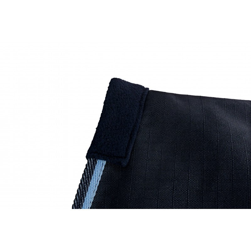 Close-up of a black fabric with a blue stripe on a white background