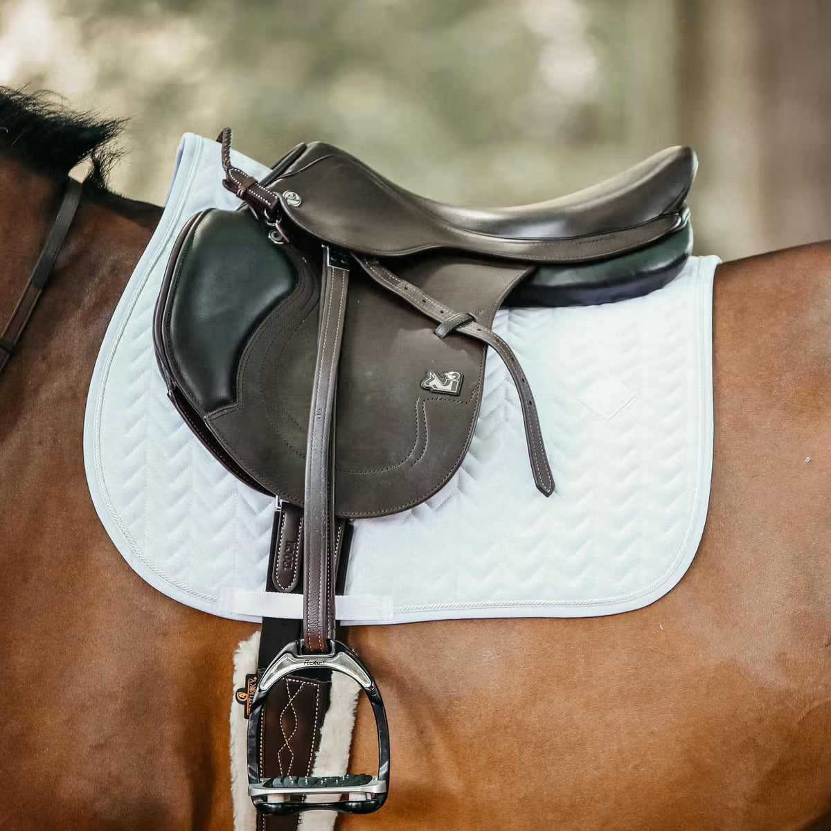 Brown saddle on a horse with a white saddle pad, blurred natural background